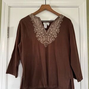 100% cotton Coldwater Creek Top with embroidery 3/4 length sleeves